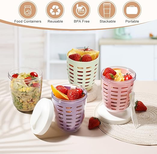 Double-Layer Fruit & Salad Container with Lid and Fork (Set of 4)