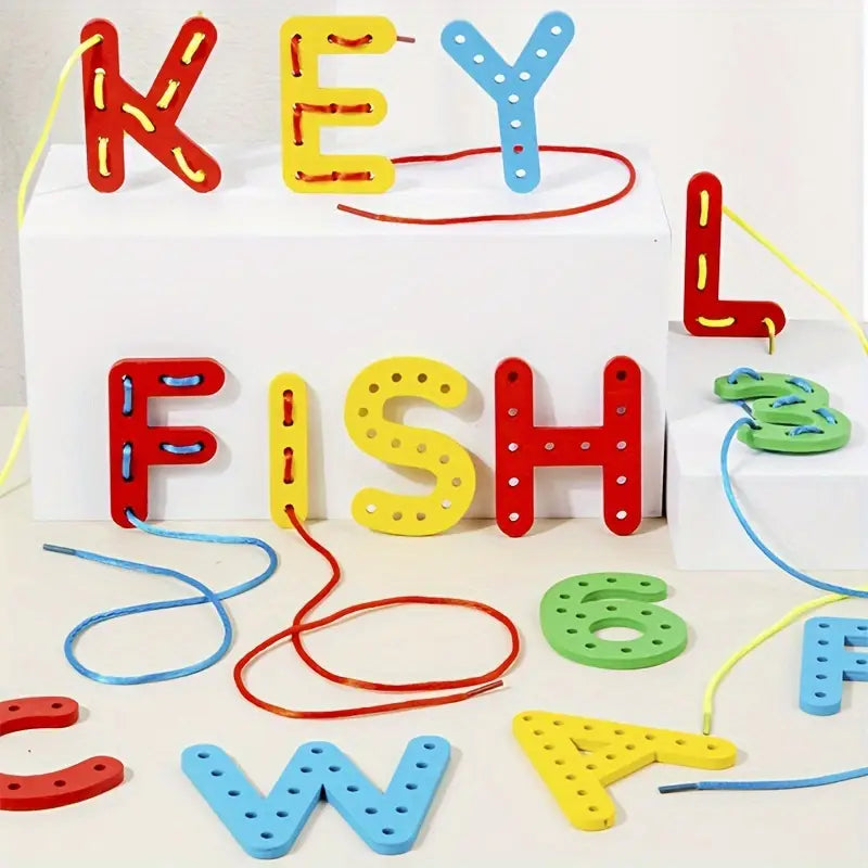 Educational Wooden Alphabet & Number Lacing Toy